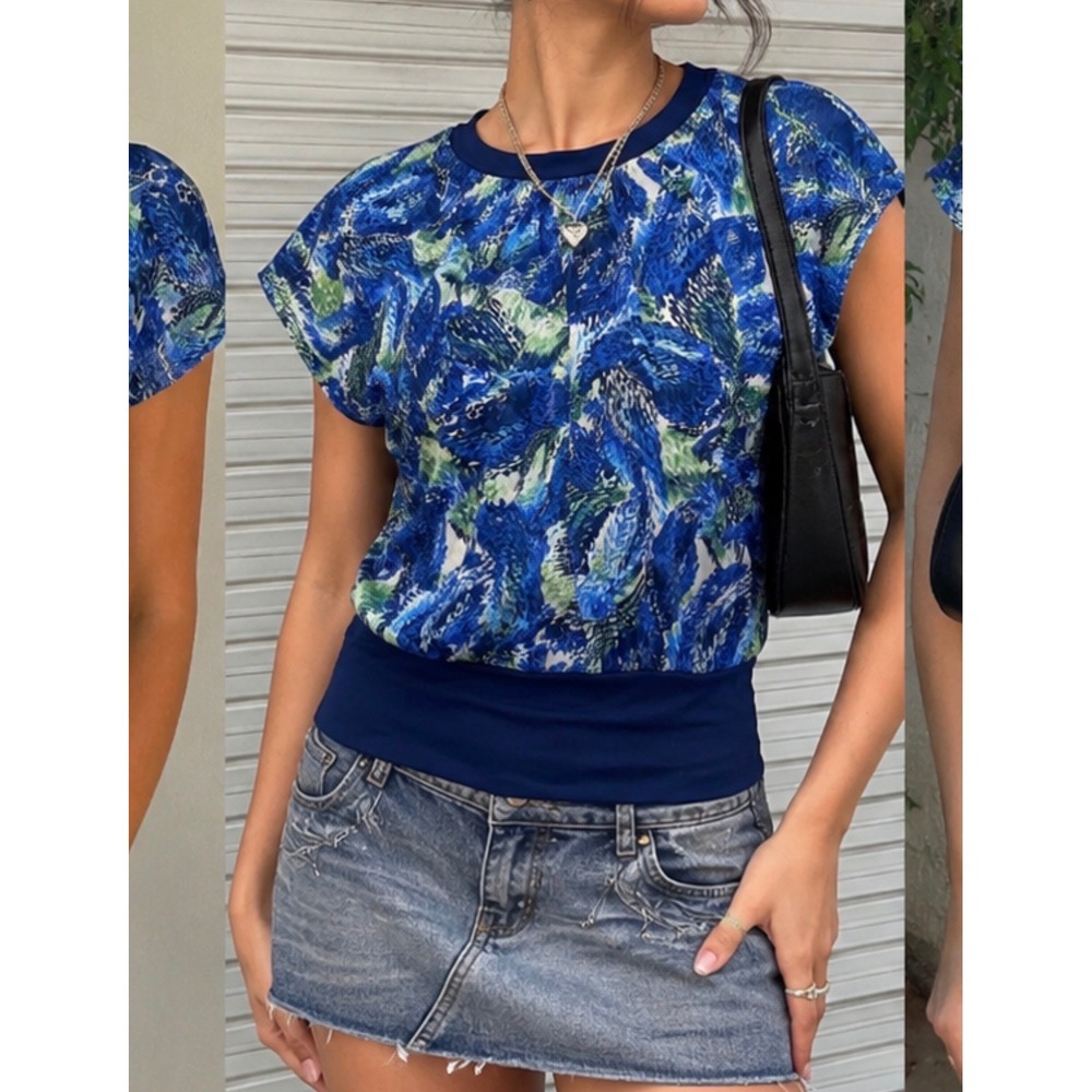 Wet Seal Blue Green Abstract Dolman Sleeve Blouson Banded Hem Top Medium‎ r3